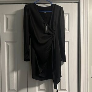 Black Draped Long-Sleeve Wrap Dress